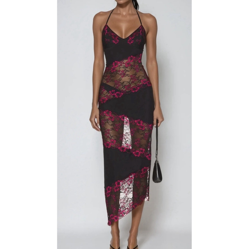 Innovare Denim Diederik Deconstruct Floral Lace Maxi Dress Black Pink Sz S NWT